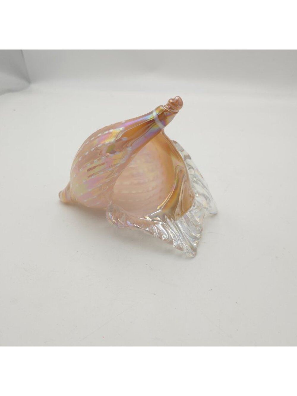 Hand Blown Iridescent Pink Art Glass Seashell Conch Sculpture Coastal Beach 7"